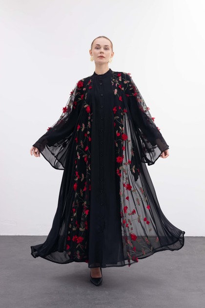 Kabartmalı Çiçek Desenli Düğmeli Şifon Abaya Elbise