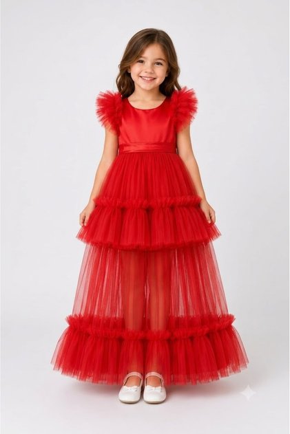Girls' Princess Evening Dress with Bow on the Back and Layered Tulle Ruffles