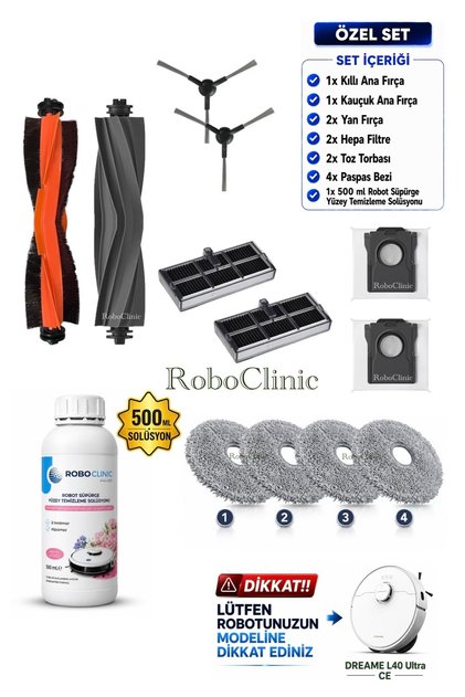 Dreame L40 Ultra CE ve AE Robot Süpürge Uyumlu ( RLD52SE, RLL77SE ) Fırça, Filtre, Mop, Toz Torbası, Deterjan Yedek Parça Aksesuar Seti