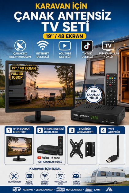 Karavan İçin Çanaksız TV Seti 19'' 48 Ekran Full HD 1080P İnternet Destekli Uydu Alıcılı WiFi YouTube TikTok Tüm Kanallar Yüklü