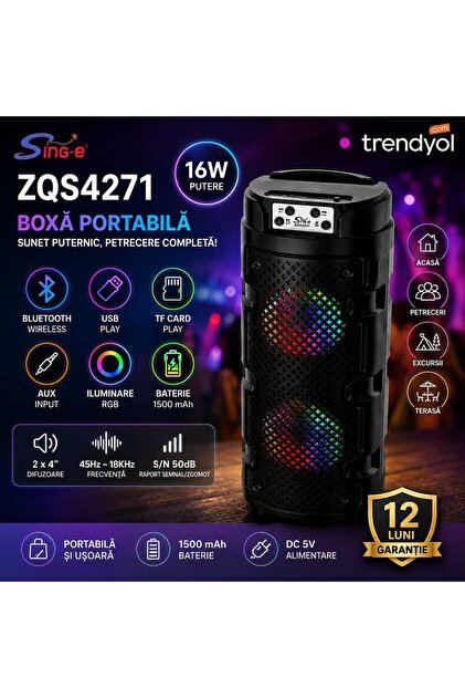 Преносима колонка Sing-e ZQS4271, Bluetooth, 16W (2x8W), 2x4 инча, RGB, 1500mAh батерия, USB, TF, AUX