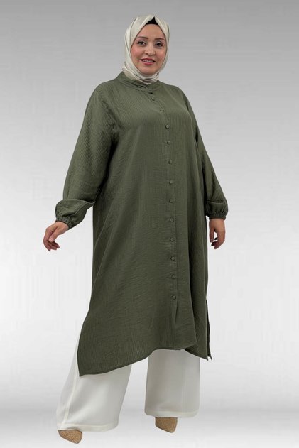 68047 Plus Size Buttoned Double Tensel Tunic - Khaki