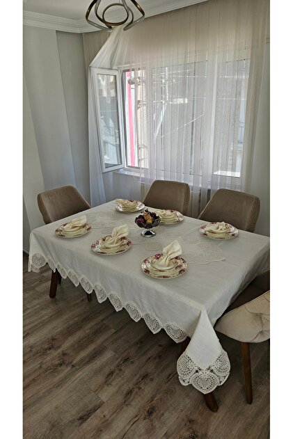 Luxury Gardenia Linen 8 Seater 18 Piece Heavy Lace Stain Resistant Tablecloths -160X200...160X300