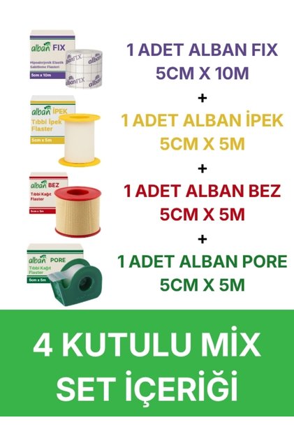 4 Kutulu Mix Flaster Seti – İpek, Bez, Kağıt Pore (5cmx5m) ve Fix Elastik Sabitleme Flaster (5cmx10m)