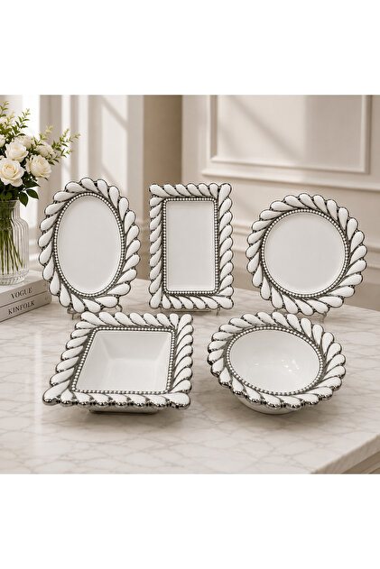 5-Piece Porcelain Presentation Set – Gold/Silver Detailed Twisted Pattern Serving Plate, Catering and Snack Plate Set
