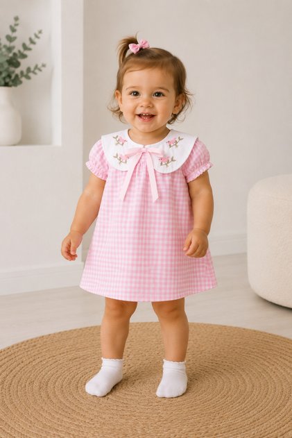 Baby Girl Dress 6-9-12-18 Months Plaid Pattern Embroidered Collar Bow Short Sleeve Stylish Casual Dress