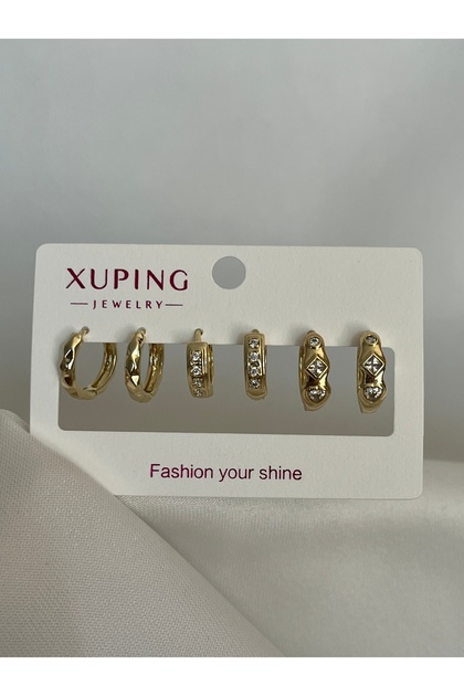 Xuping 14K Gold Renginde Taşlı 3 Çift (6adet) Kararmaz Kadın Halka Küpe (Kıkırdak + Lobe Kombini)
