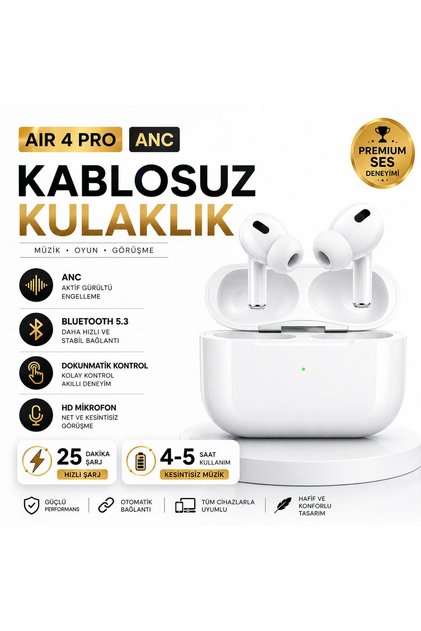 Air 4 Pro ANC Bluetooth 5.3 Kablosuz Kulaklık Dokunmatik Mikrofonlu iPhone Android Uyumlu