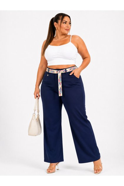 Plus Size Belted High Waist Tube Leg Cotton Women's Trousers
