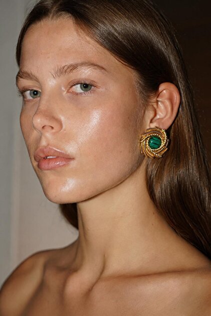 Gold Color Green Stone Spiral Steel Earrings