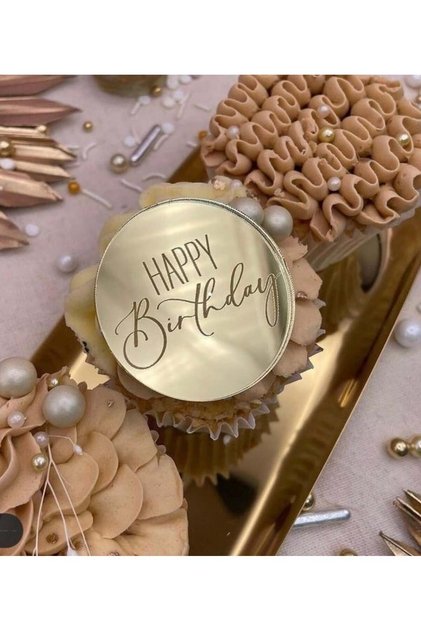 Cup Cake Boy Happy Birthday Pleksi Pasta Süsü GOLD - 5x5 cm