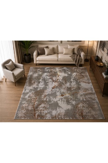 "Flora" Turkish Carpet - Modern Luxury with Gold Feather Design and Marble Background