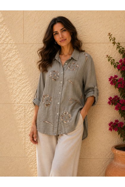 Women's Original Linen Fabric Long Sleeve Front Short Back Long Shirt 44-48