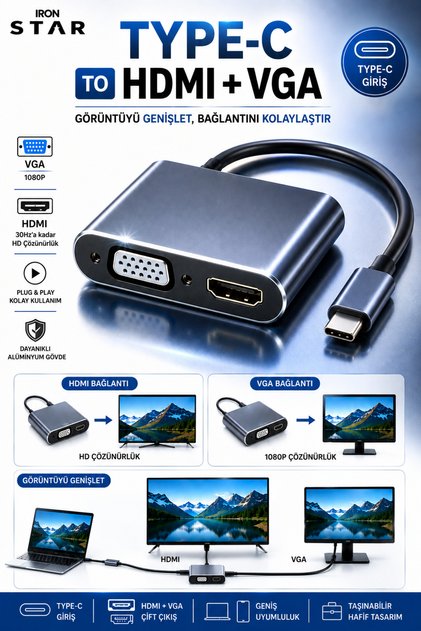 TYPE-C TO HDMI+VGA / TYPE-C ÇEVİRİCİ / ÇEVİRİCİ / TYPE-C HUB / ÇOĞALTICI / TYPE-C TO HDMI / TYPE-C TO VGA / TYPEC HD / TYPEC HDMI / TYPEC VGA / TYPEC VGA / TYPE-C TO HDM
