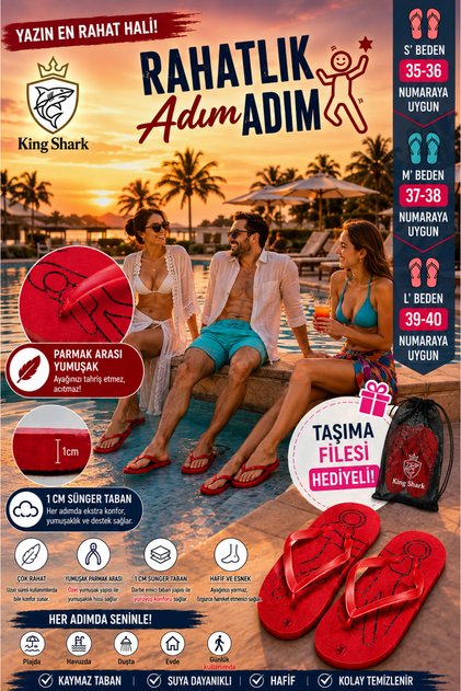 Parmak Arası Terlik, Unisex – Taşıma Filesi Hediyeli, Kadın Erkek Çocuk, EVA, Yumuşak Tabanlı, Hafif, Kaymaz, Plaj ve Havuz Terliği, Yazlık, Günlük, Şıpıdak, Flip Flop, Kırmızı