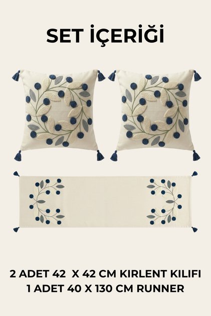 Çelenk Punch Embroidered Throw Pillow and Runner Set 2 Throw Pillow Covers 1 Table Runner 3 Pieces