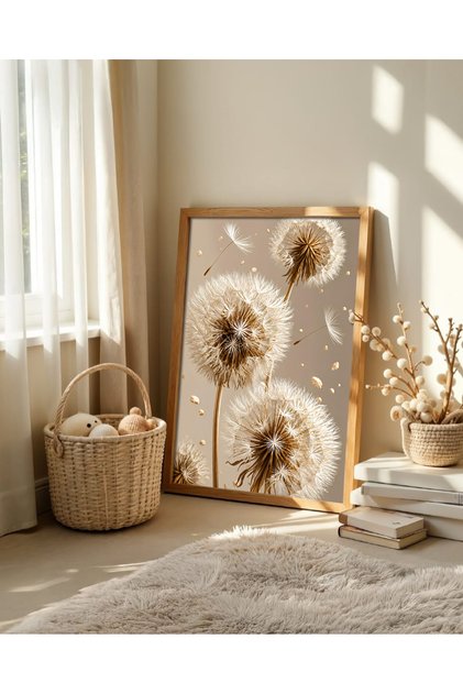 Karahindiba ve Uçuşan Tohumlar, Bej Tonları ve Ahşap Çerçeveli Minimalist Dekoratif Duvar Tablosu