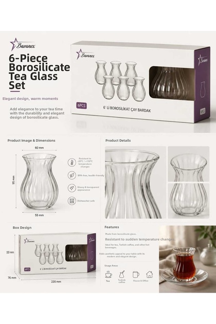 Set of 6 Keyfi Ala Striped Borosilicate Glass Tea Cups 220ml Cups..