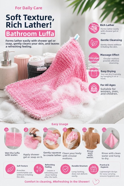 Bath Loofah, Shower Loofah – Soft Textured, Highly Foaming Body Cleansing Loofah 25X35Cm Pink