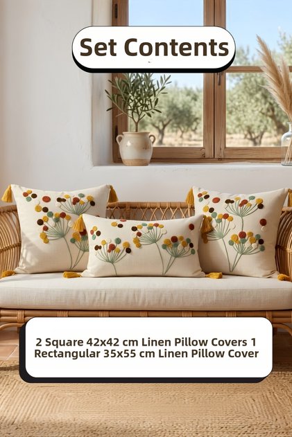 Set of 3 Buldan Handmade Cotton Punch Embroidered Throw Pillow Covers - Decorative Tassel Pillowcases