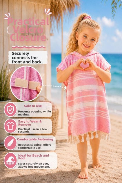 Children's Bathrobe-Pancho Peştemal Beach Towel 100% Cotton-Pink