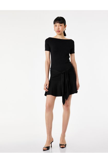 Viscose Lycra Fabric Slim Fit Tie Detailed Short Sleeve Boat Neck Off Shoulder Mini Dress