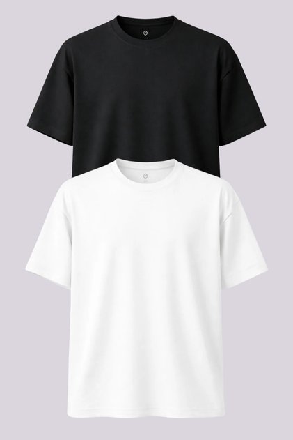 Men's 2-Piece Black-White Crew Neck Oversize Basic T-Shirt