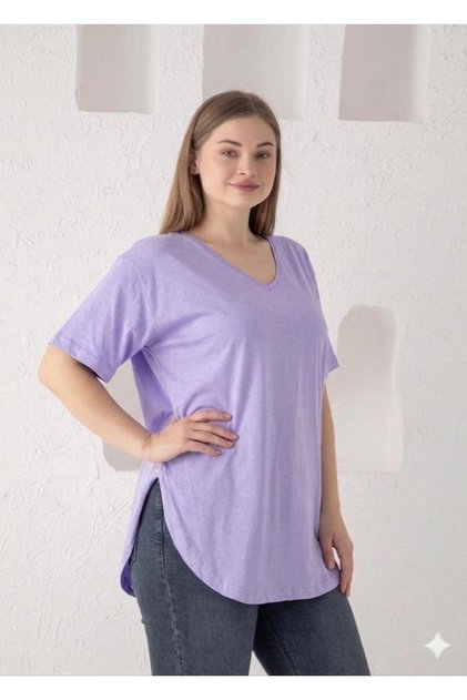 ORLY MORE Tek (Baska S atıcı Magzalara İtibar Etmeyiniz) Kadın V Yaka Büyük Beden Etek Kısmı Yırtmaclı ve Dikişli T-shirt