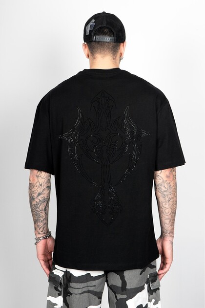Rhinestones T-Shirt jentlouis 値下げ交渉OK Fadeback Rhinestones Siyah Taşlı Goth Oversize Siyah Erkek Tişört