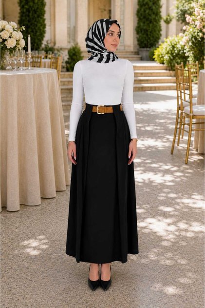 Pleated Long Skirt from the Waistband/100Cm Length Wide Flared Fit