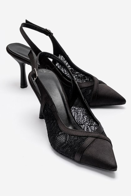 Women's Pointed Toe Lace Detailed Open Back Strap Evening Dress Shoes Nast Black