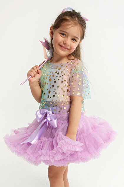 BABYL MIRROR BALL TEE XXLサイズ Le Mabelle Çok Renkli Yıldız Baskılı Kısa Kollu Kız Çocuk Tül Crop
