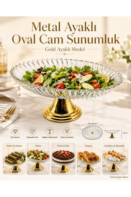 Gold Footed Ellipse Glass Presentation Bowl, Wrapping, Filling, Salad, Fruit, and Cake Presentation Stand, Dowry Bowl