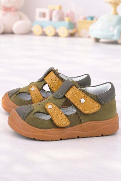 Genuine Leather Khaki Green Velcro Baby Sandals