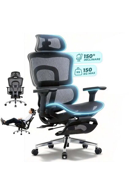 Scaun de birou ergonomic cu spătar din plasă, suport lombar, tetieră reglabilă înălțime, înclinare la 135°