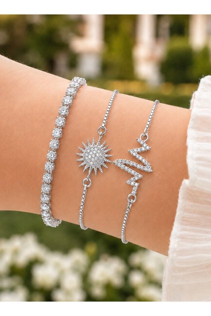 3-Piece Women's Steel Bracelet Set with Zircon Stones, Sun and Zigzag Figures, Silver Color Jewelry Set