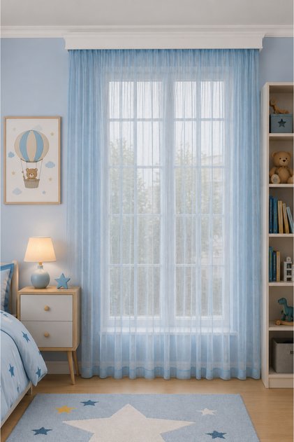 Net Tulle Curtain Wrinkle-Free Aesthetic Durable Economical Light Blue Stylish Tulle Curtain 1/2 Pleat Living Room Kitchen