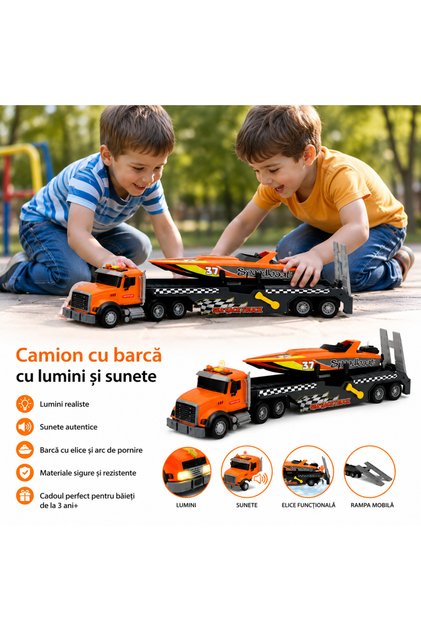 Camion Sea Race cu barca cu motor cu cheita, lumini si sunete, portocaliu