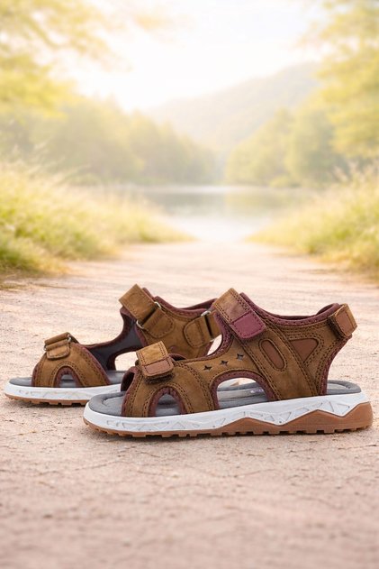 Genuine Leather Brown Tan Velcro Kids Sandals Shoes