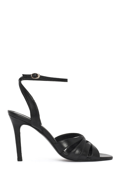 Women's Black Ankle Buckle High Thin Heeled Leather Sandals 26Sfd161618