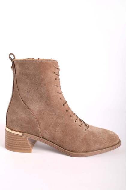 Women's Genuine Leather Lace-Up and Zipper Detailed Thick Heeled Boots Suede Mink