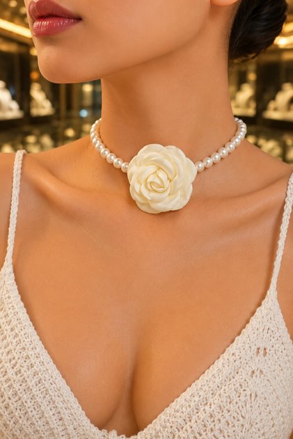 İnci Gül Ekru Saten Kolye Choker Kolye