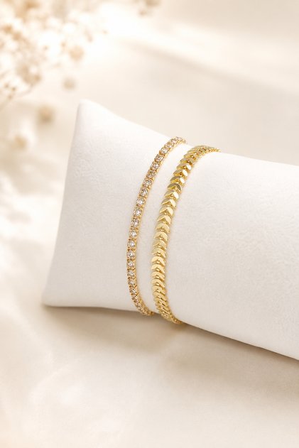 Gold Color 2-Piece Bracelet Combination with Zircon Stone and Fish Scale Detail