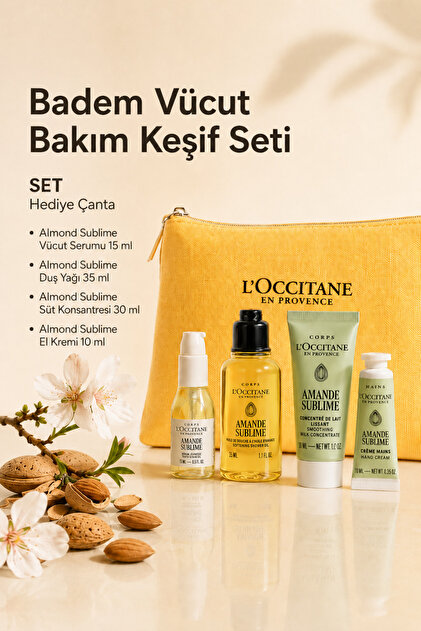 L'Occitane Badem Vücut Bakım Keşif Seti, Özel Çantalı, 4'lü Set