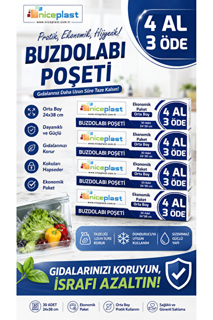 Kilitsiz Buzdolabı Poşeti Orta Boy 120'li - 24X38CM 4 KUTU