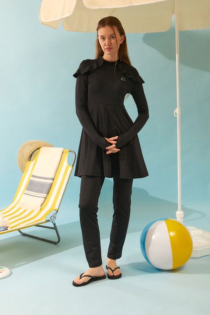 Shoulder Ruffled Hijab Swimsuit Set Black