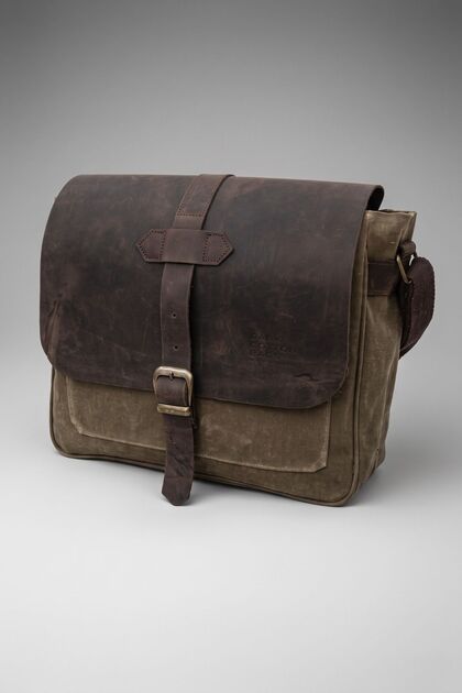 7503 Genuine Leather Brown Cover Waterproof Waxed Canvas 15” Laptop, School, Document Travel Bag