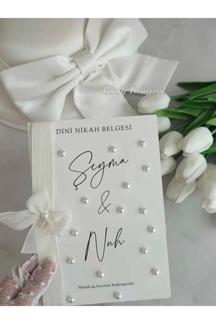 İsimli İncili Kurdele Süslemeli Nikah Belgesi