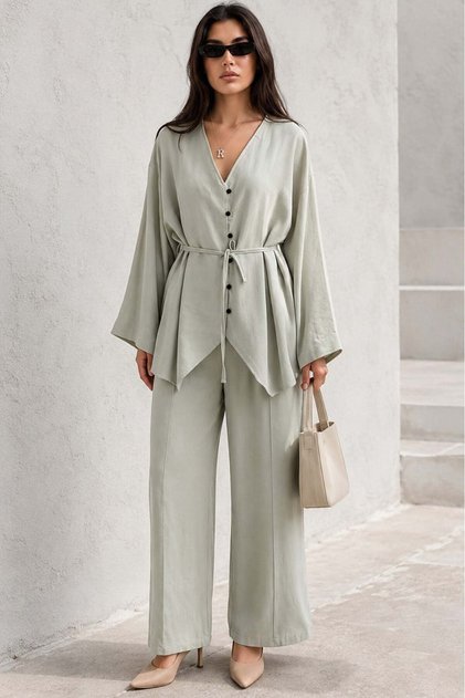 Ada Tea V-Neck Buttoned Belted Double Modal Women's Set Mg2619