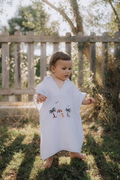 100% Natural Organic Muslin Beach Embroidered Baby Kids Poncho 4 Layer Ultra Soft Beach Bathrobe